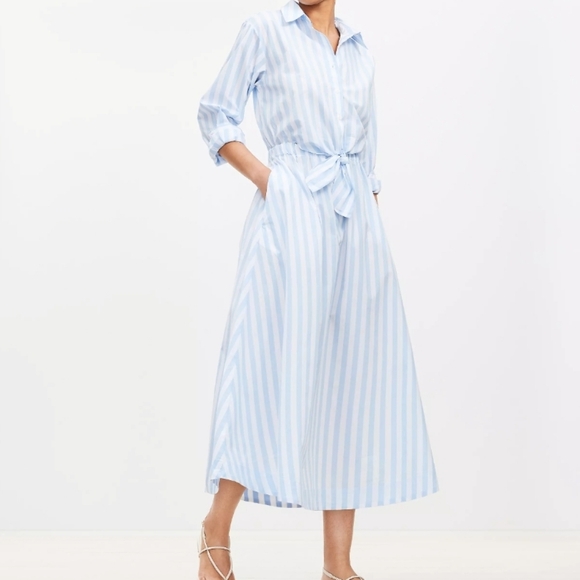 LOFT Dresses & Skirts - Loft Blue And White Stripe Tie Peek A Boo Front Button Cotton Maxi Shirt Dress